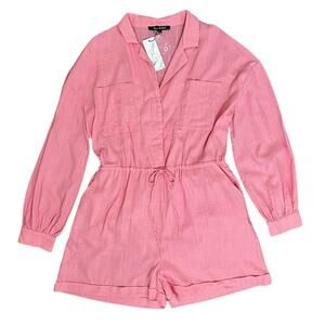 Strut & Bolt Romper Onepiece Women’s Sz L Pink Linen Blend Drawstring Waist NWT